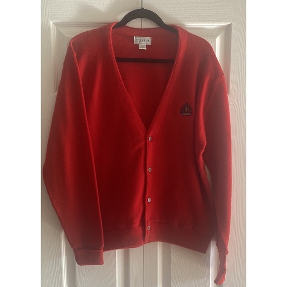 Izod Mens Large Red Knit Cardigan Sweater Old Money Golf Preppy Academia - Picture 1 of 4